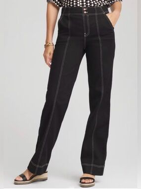 *Chico’s Pull-On Stretch Black Wide-Leg Jeans w Contrast Stitching Sporty Casual